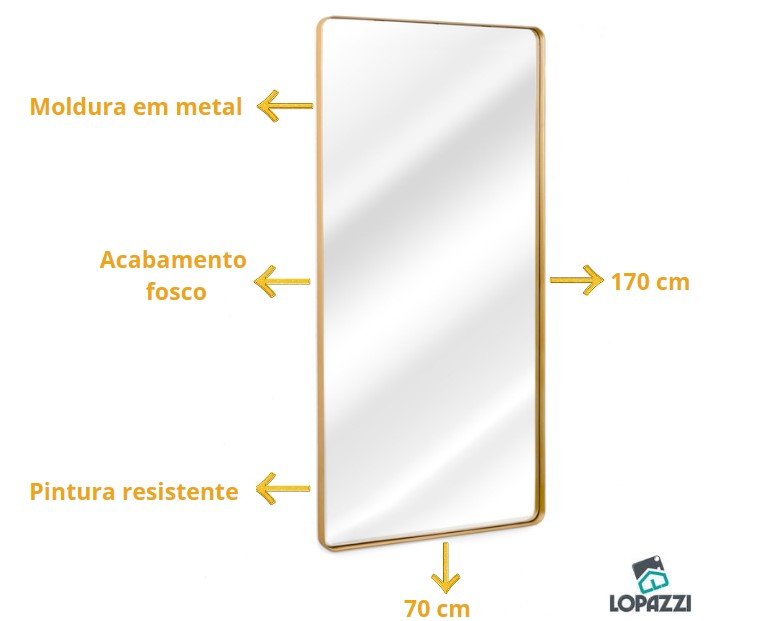 Espelho Grande Corpo Inteiro Retangular com Moldura em Metal Industrial 170 X 70cm Dourado - 4