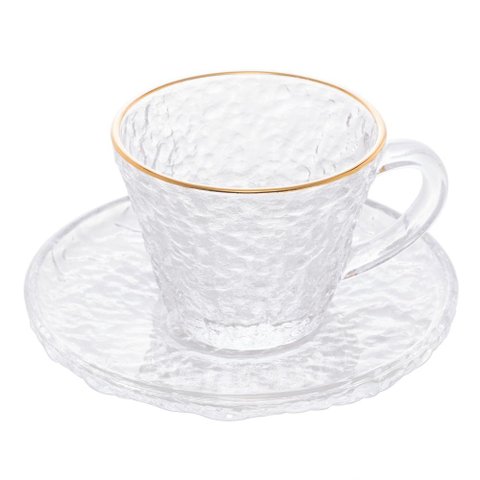 Xícara Cristal Martelado P/Chá C/Pires E Borda Dourada 180Ml