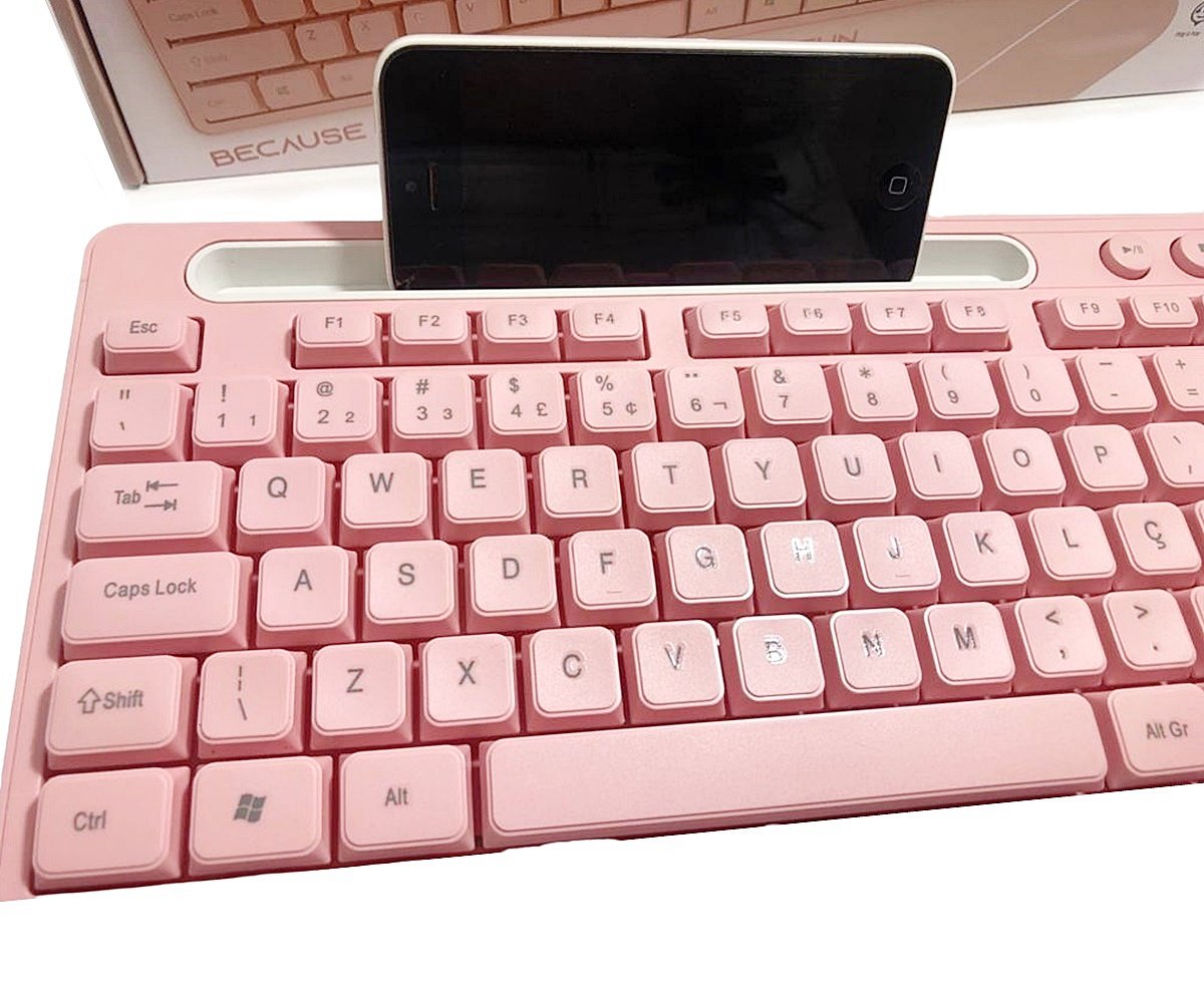 Teclado Rosa P/ Computador Notebook com Suporte de Celular - 2