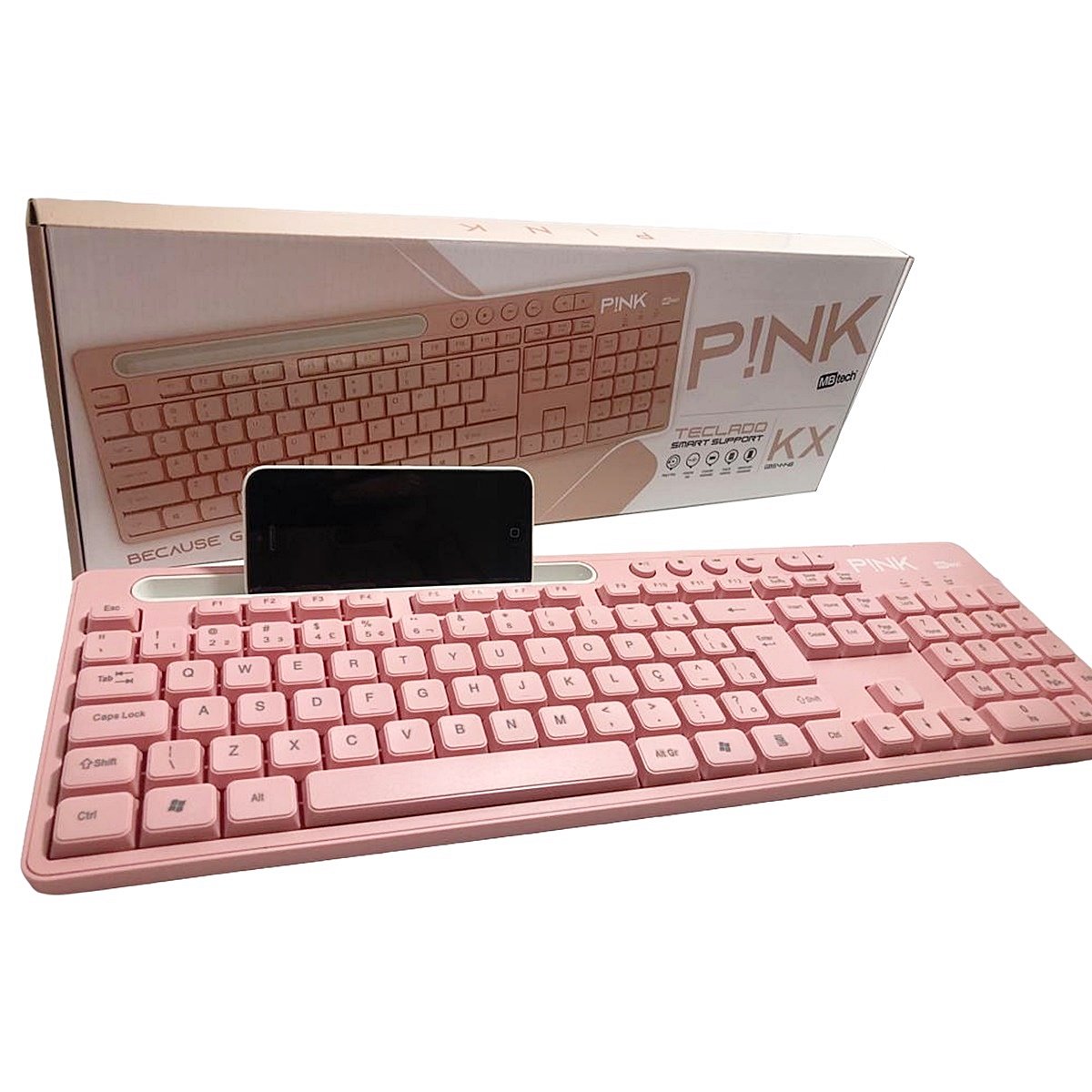 Teclado Rosa P/ Computador Notebook com Suporte de Celular