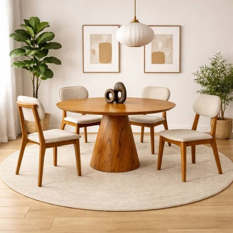 Conjunto Sala de Jantar Marrocos Mesa Redonda 1,2m e 4 Cadeiras Madeira Maciça Móveis Mundial