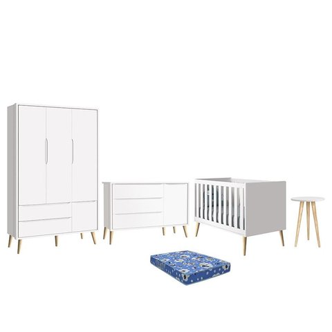 Dormitório Theo Retrô 3 Portas, Cômoda 1 Porta, Berço, Mesa de Apoio Branco Fosco com Pés Madeira na