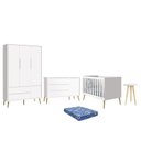Ver imagem 1 de Dormitório Theo Retrô 3 Portas, Cômoda 1 Porta, Berço, Mesa de Apoio Branco Fosco com Pés Madeira na
