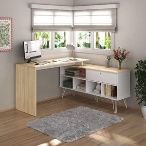 Escrivaninha em L Mesa Office com Nichos e Porta Dubai Carvalho-branco