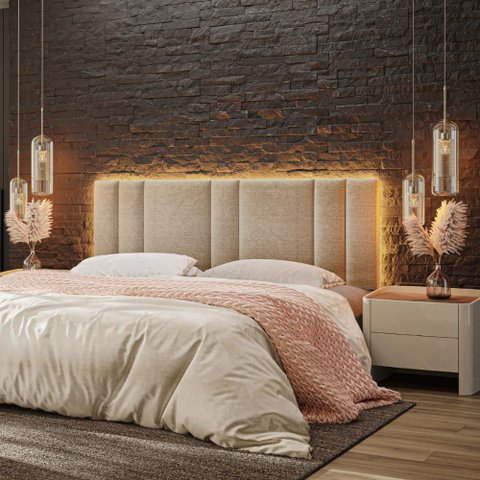 Cabeceira Cama Box Estofada Casal King 2,00 Linho Bege com LED