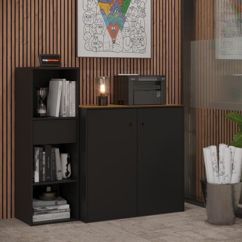 Conjunto de Escritório 2 Peças Noruega Office Livreiro e Aparador Buffet - Via Nossa - Preto e