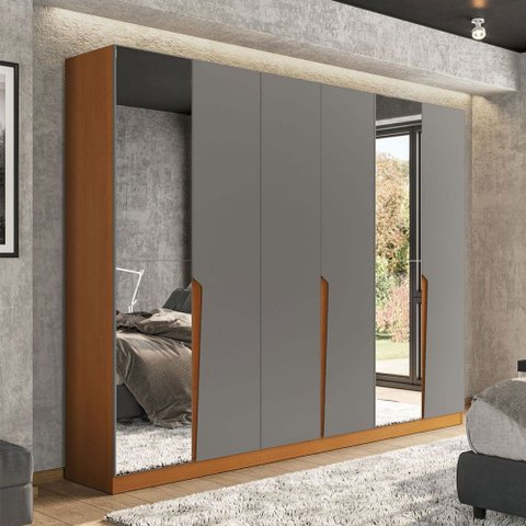 Guarda-roupa Casal Porto 6 Portas 4 Gavetas com Espelho Freijó/cinza - Politorno