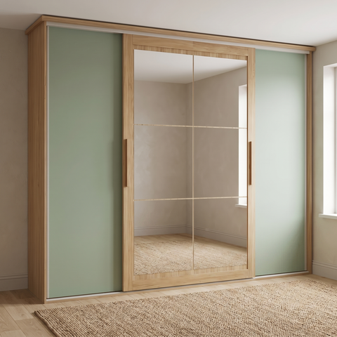 Guarda Roupa Casal com Espelho 4 Portas de Correr 4 Gavetas 265x234cm Cor Flex Nogueira/Macadâmia/Verde