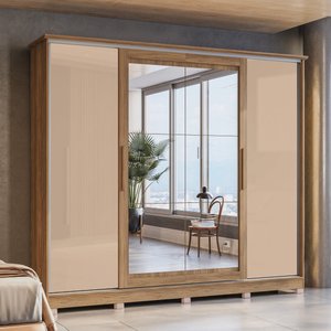 Guarda Roupa com Espelho e Pés 4 Portas de Correr 4 Gavetas