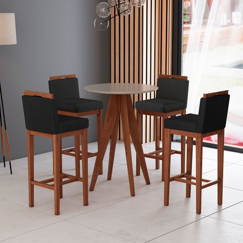 Kit Mesa Bistro com 4 Banquetas Alta Estofadas em Madeira Maciça Suede Preto CCS