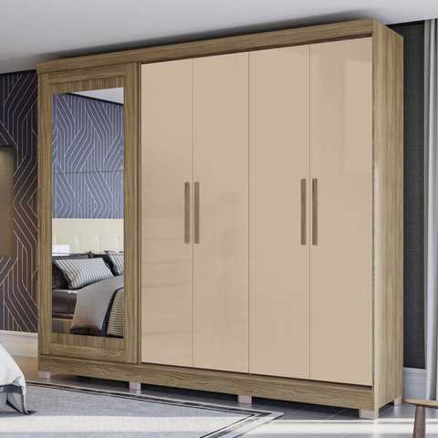 Guarda Roupa com Espelho e Pés 5 Portas 4 Gavetas Marrom/Nogueira/Macadamia
