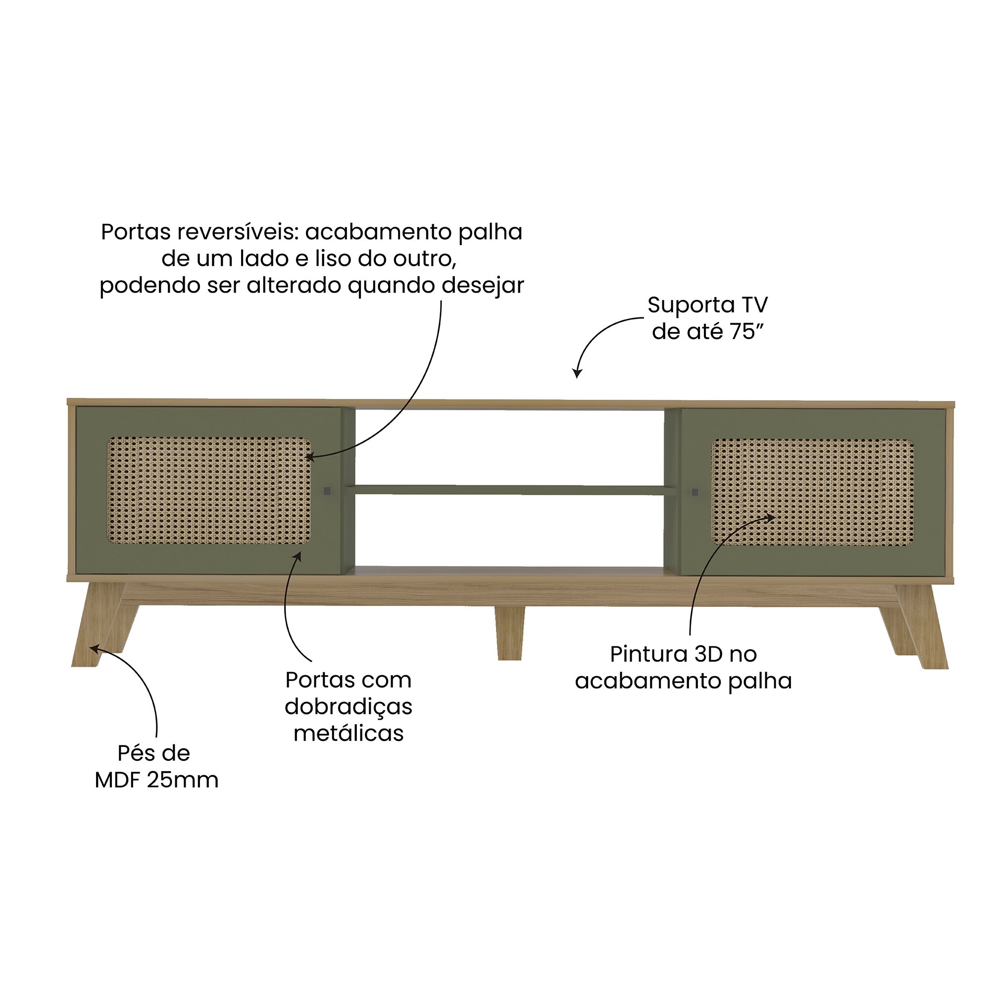 Rack para TV até 75 polegadas, 2 Portas Reversíveis, 1 Prateleira, Memphis, Artely Carvalho/ Menta - 5