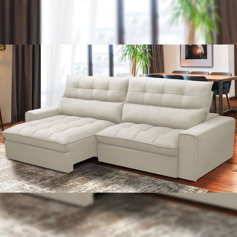 Sofá Retrátil Reclinável para Sala de Estar Living 290cm Dimas F04 Veludo Bege - Lyam Decor
