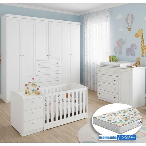 Quarto Infantil Americano 6 Portas com Berço Multifuncional Atlanta Ambiente Branco Fosco e Colchão 