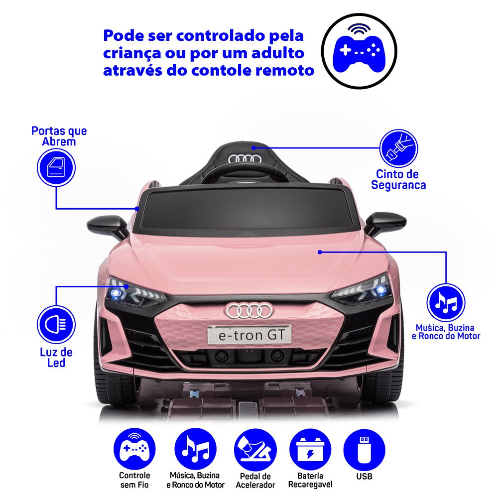 Carro Elétrico Infantil com Controle Remoto 12v Audi E-tron Sportback Rosa Música Luz de Led e Carre - 2