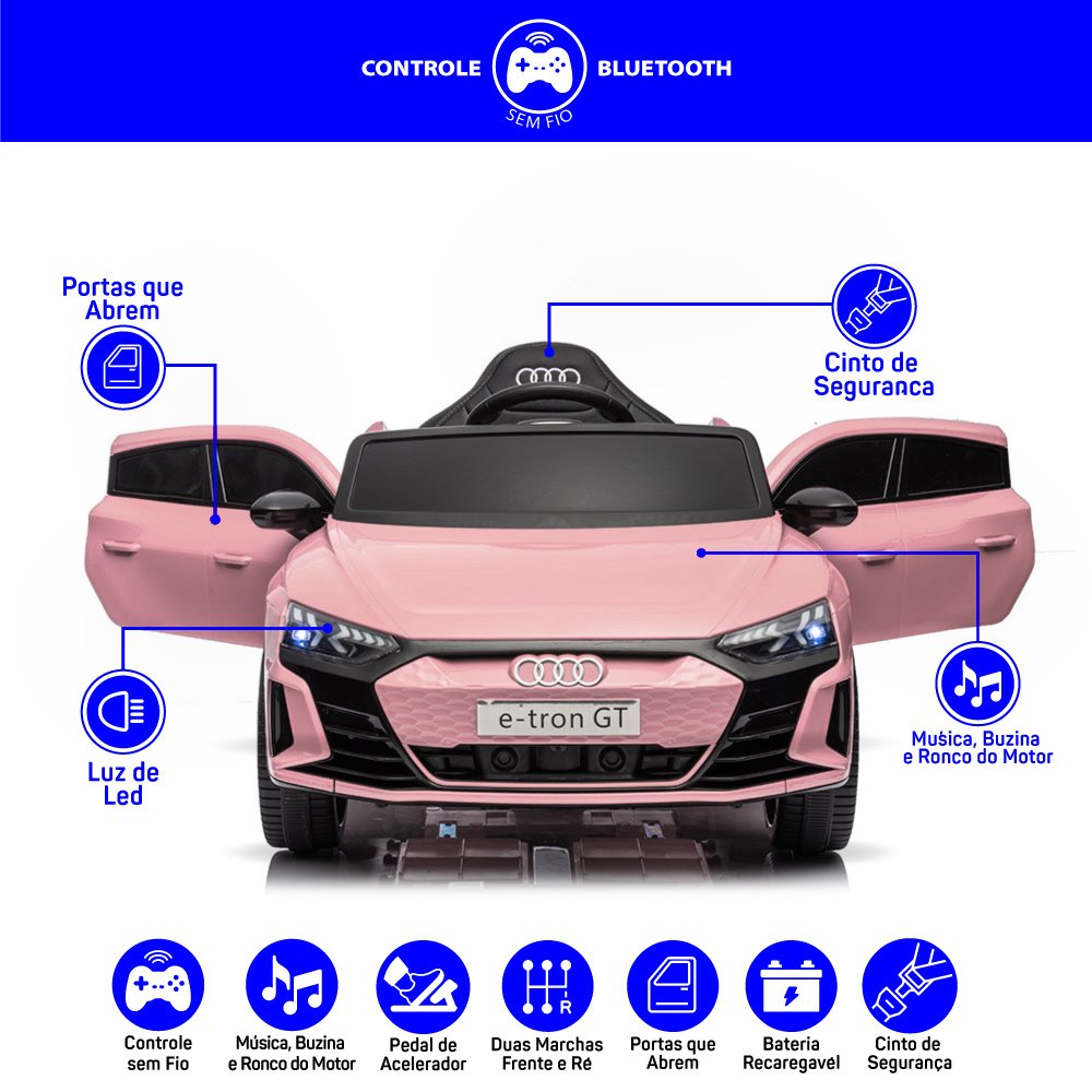 Carro Elétrico Infantil com Controle Remoto 12v Audi E-tron Sportback Rosa Música Luz de Led e Carre - 4