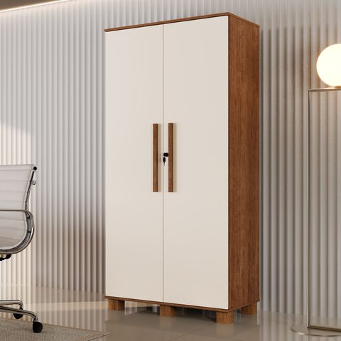 Armário para Escritório Multiuso 2 Portas com Chave Dacar Marrom/Canela/Off White 100% MDF