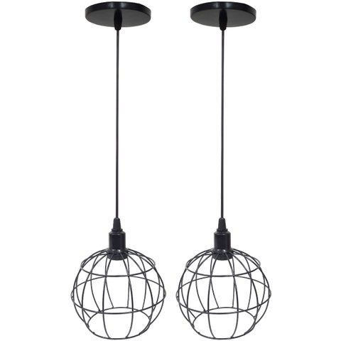 2 Pendentes Aramado Globo Luminária Lustre Luxo Teto Retrô Vintage Preto Agp Ilumini Industrial