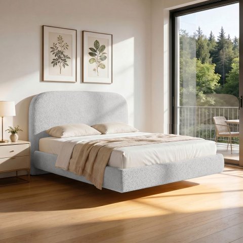 Cama Casal Flutuante com Cabeceira 140cm Aura W01 Bouclê Cinza - Lyam Decor