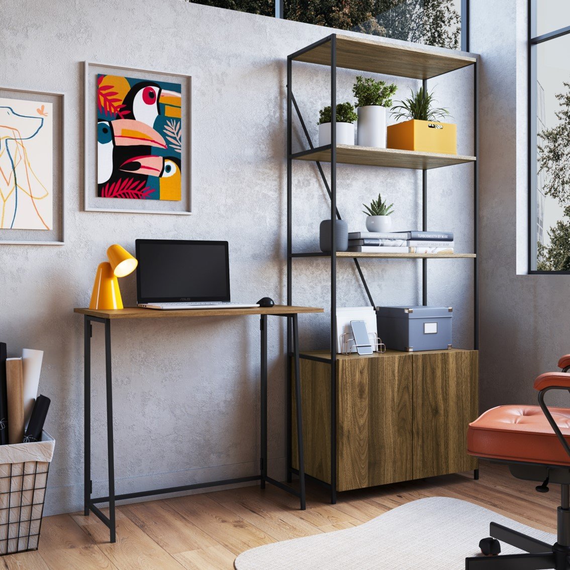 Conjunto Home Office 2 Peças Estante 2 Portas e Escrivaninha Industrial Espresso Móveis