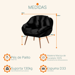 Poltrona Decorativa Almofadada com Pé Palito Veludo Dallas Preto - Sofá Casa - 3