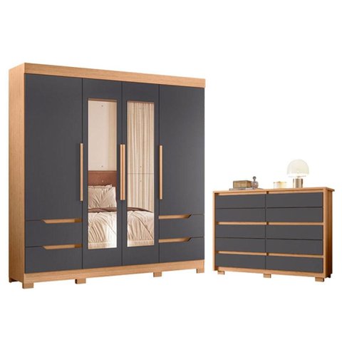 Guarda Roupa Solteiro Vivacce 4 Portas com Espelho e Cômoda Duetto Freijo Titanium- Móveis Albatroz