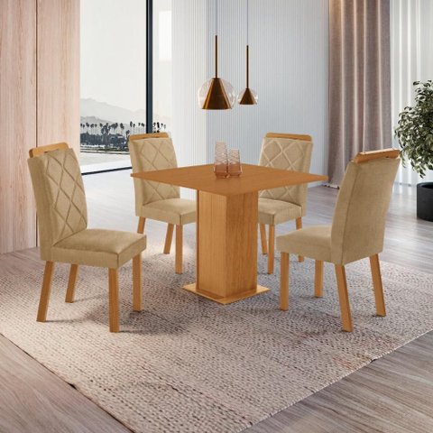 Conjunto Mesa de Jantar 90cm com 4 Cadeiras Estofadas Multimóveis Crrft-CON048 Madeirado/Bege