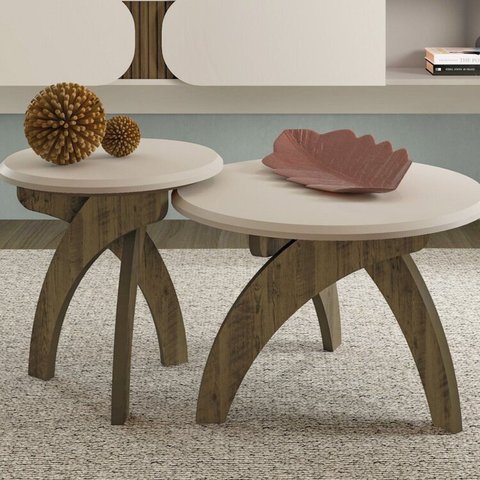 Conjunto 2 Peças Sala Estar Apoio e Mesa de Centro Jade Marrom Pinho/Off White
