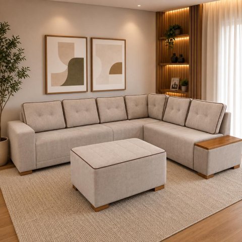 Sofá de Canto 5 Lugares com Puff Malibu Suede Aveludado Bege e Marrom