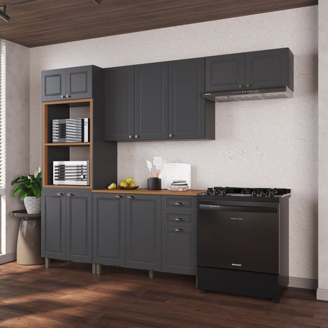 Cozinha Modulada 4 Peças Torre Quente Balcão com Tampo 2 Aéreos 100% MDF Bari