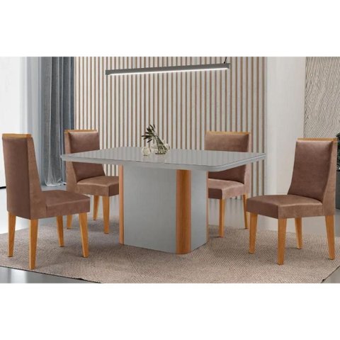 Sala Jantar Mesa Pietá Tampo C/ Vidro Curvo 120cm+4 Cadeiras Dakota Madeira Naturale/off White -