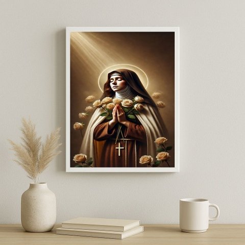 Quadro Santa Teresinha com Rosas 33x24cm - com Vidro:moldura Branca