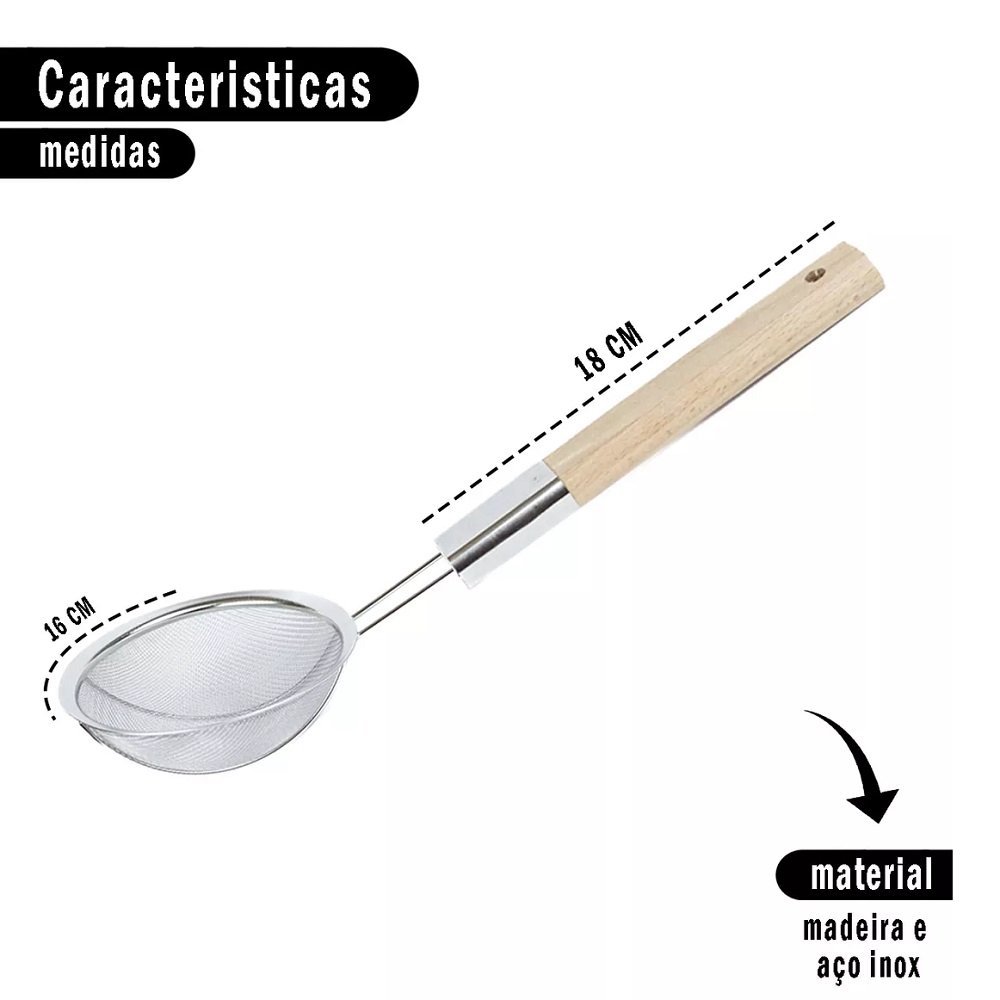 Peneira Escumadeira Malha Fina Frituras Inox e Madeira 16cm - 2