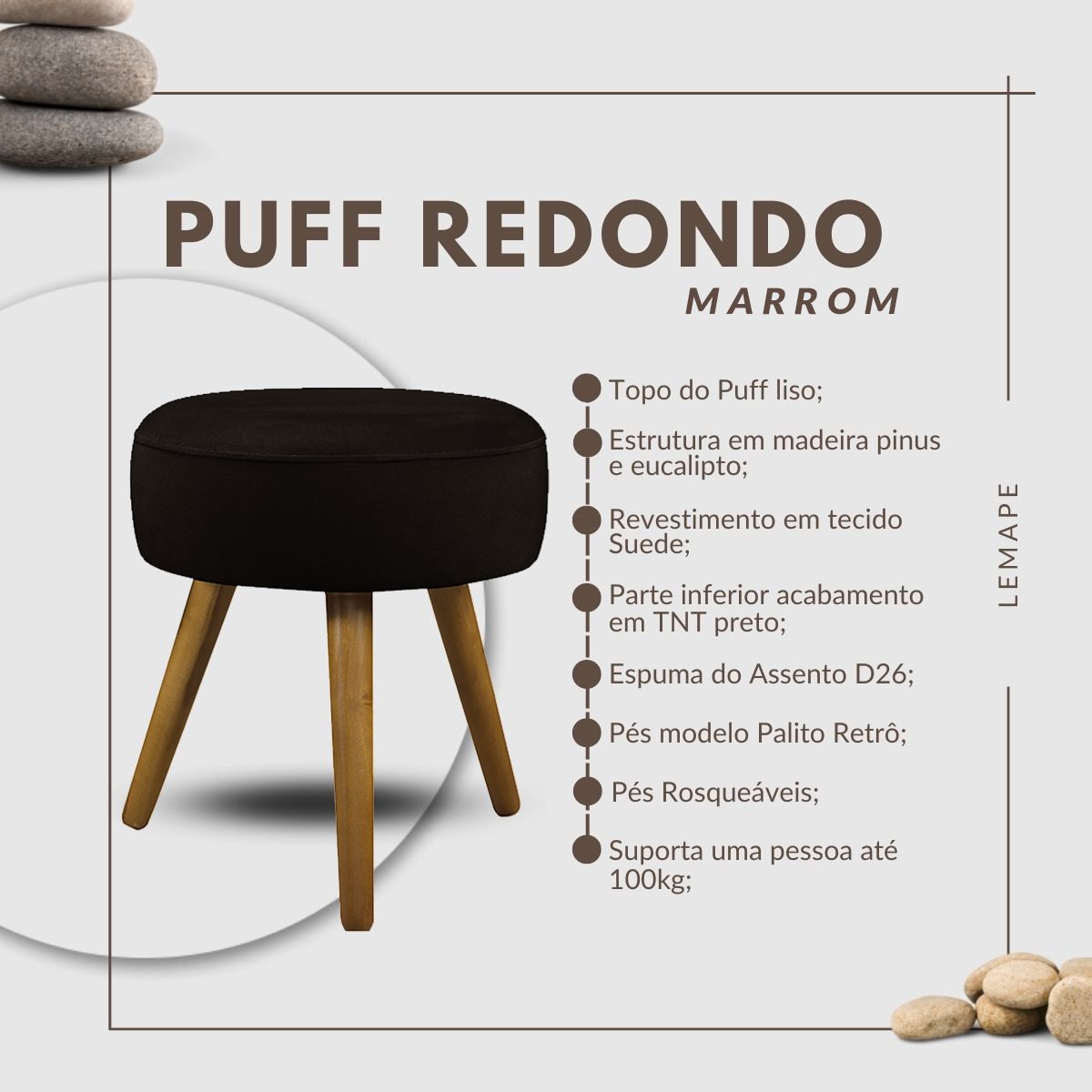 Kit 2 Puffs Redondo Decorativo Sala Quarto Pés Palito Marrom - 3