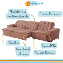 Sofá Retrátil Reclinável 8 Lugares 380cm com Pillow Veludo Rose Alasca Megasul - 5