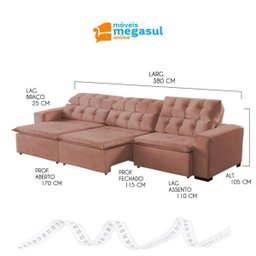Sofá Retrátil Reclinável 8 Lugares 380cm com Pillow Veludo Rose Alasca Megasul - 4