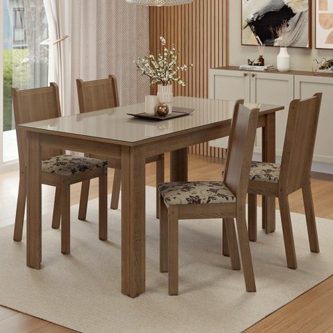 Conjunto Sala de Jantar Avelã Mesa Tampo de Vidro 4 Cadeiras Rustic/Crema/Bege Marrom Madesa