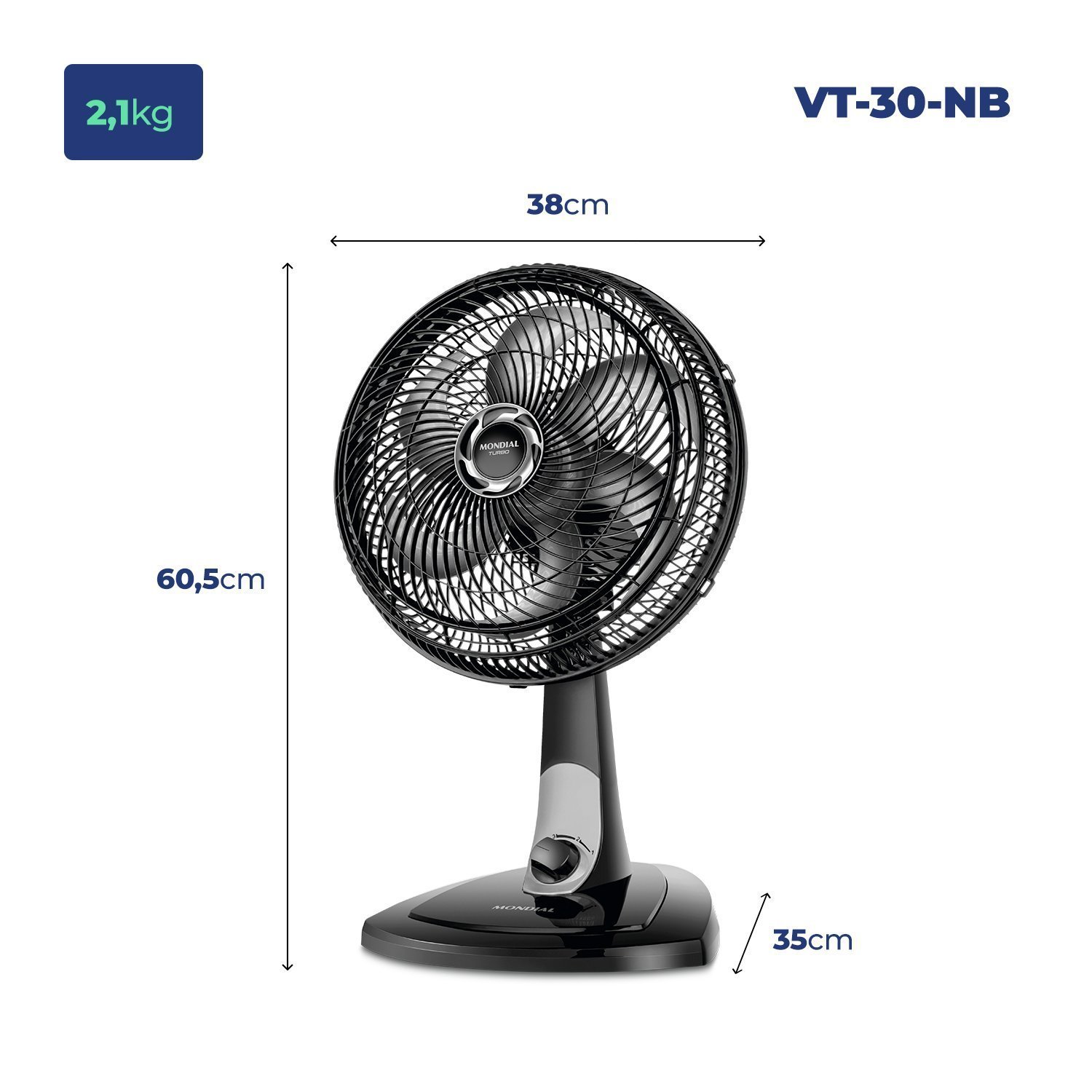 Ventilador de Mesa 30cm Turbo 60w 127v Vt-30-nb Mondial - 2