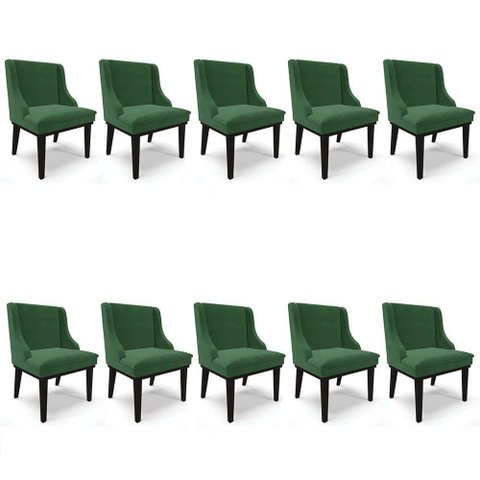 Kit 10 Cadeiras Estofadas Para Sala De Jantar Base Fixa De Madeira Preto Lia Veludo Verde - Ibiza
