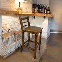 Ver imagem 1 de Kit 3 Banquetas Rubi Nogueira Alta em Madeira Maciça de Eucalipto Encosto em Madeira Corino Caramelo