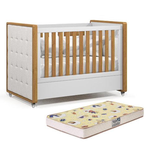 Berço Americano Tutto New Branco Soft/freijó com Capitonê e Colchão Supreme - Matic Móveis