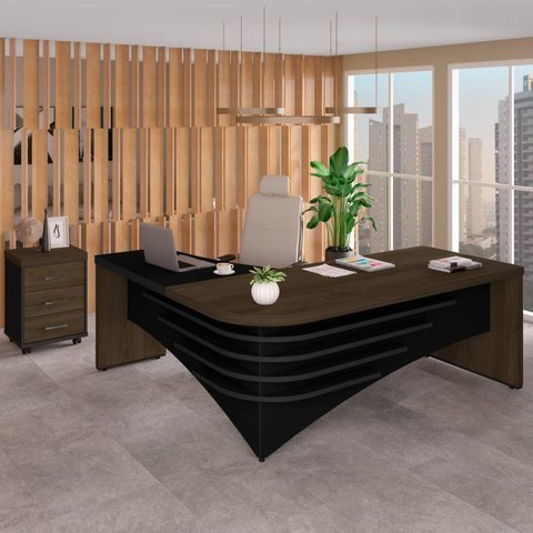 Conjunto Home Office 2 Peças 1 Mesa Tamburato em L 1 Gaveteiro com Chave e Rodízios 3 Gavetas Charuto E Preto