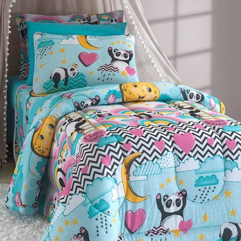 Edredom Solteiro Liverpool Kids Dupla Face Malha Estampada 3 Peças - Love Panda
