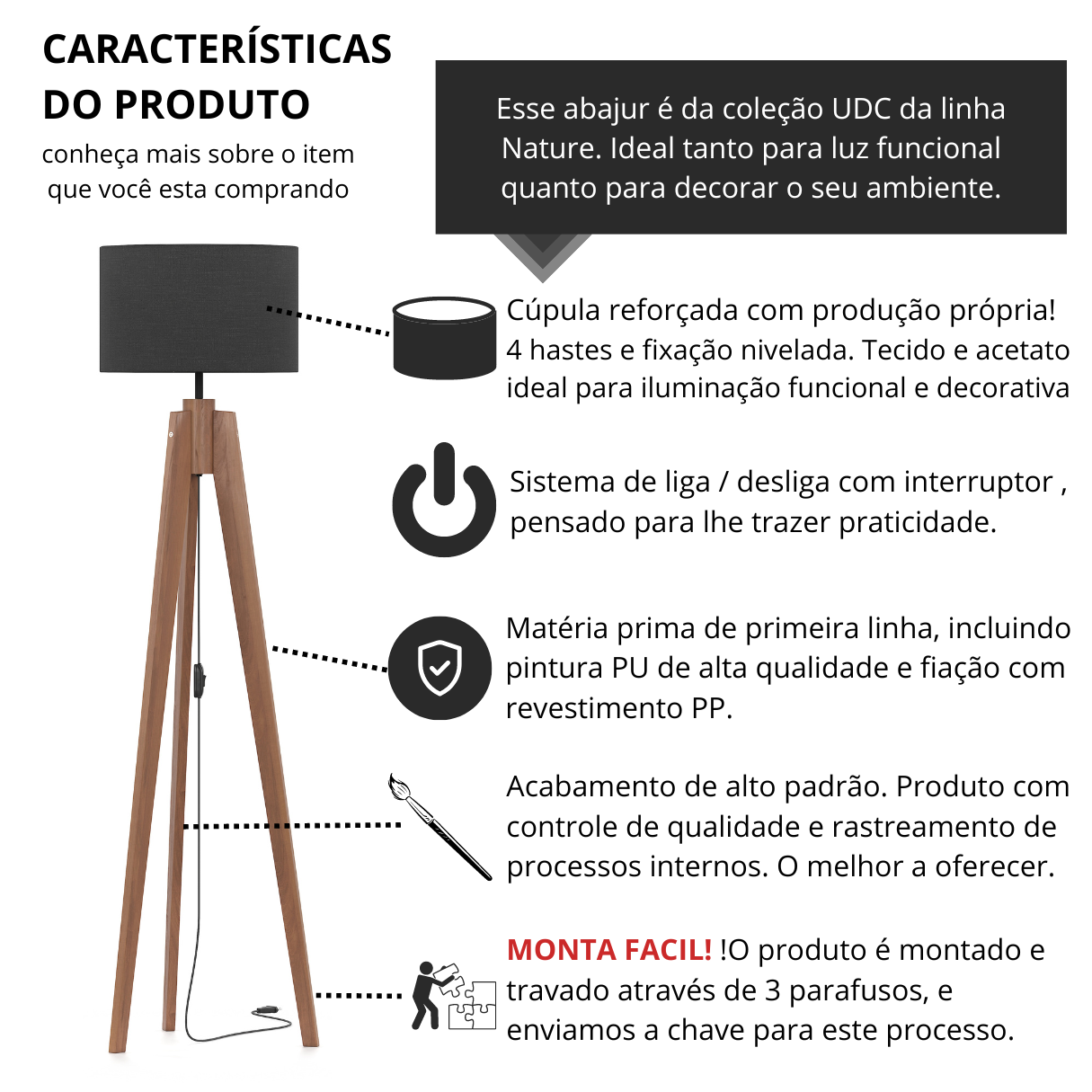 Luminária de Chão Roma Iluminação Elegante C/ Cúpula Preta - 6
