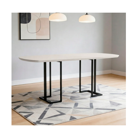 Mesa de Jantar 6 Lugares Retangular Orgânico com Vidro 180cm Pés Industrial Alina N01 Off White Pret