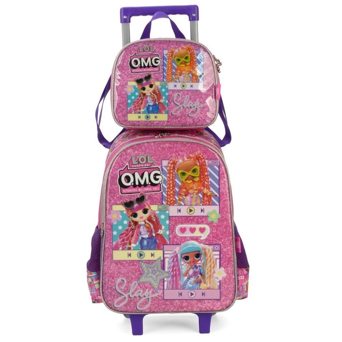 Kit Mochila Rodinhas Lancheira Infantil Menina Lol Omg Rosa Luxcel