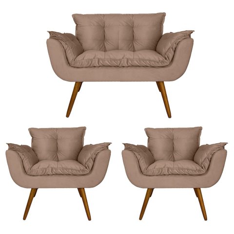Conjunto Namoradeira Com 2 Poltronas Sala de Estar Opala Suede Cappuccino - LM DECOR