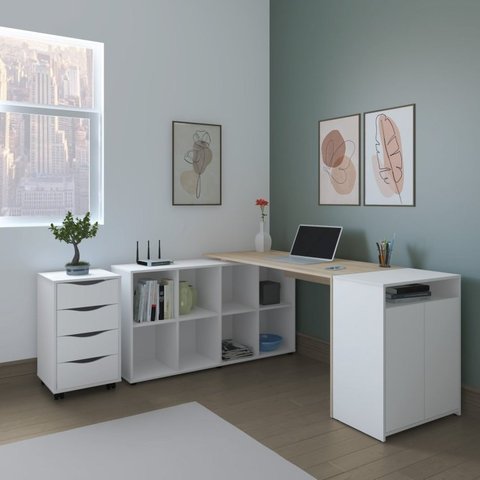 Escrivaninha Mesa Escritório em L com Balcão 2 Portas 1 Gaveteiro 4 Gavetas 135cm