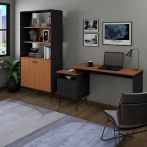 Kit Industrial 2 Peças com Escrivaninha 2 Gavetas e Estante Alta