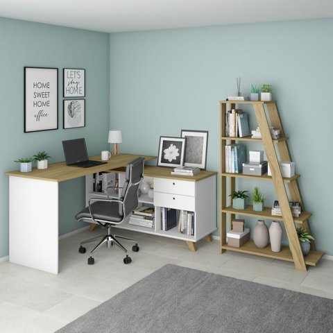 Conjunto 2 Peças 1 Escrivaninha em L Retrô Gold com 1 Estante Star Olmo Branco